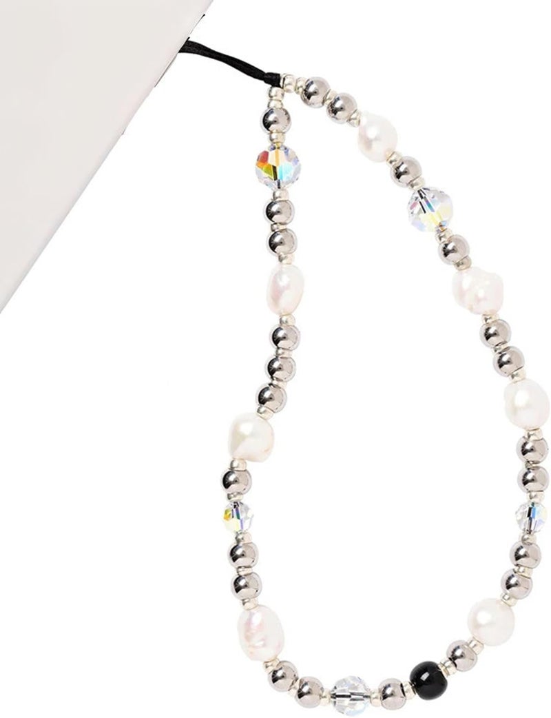 WCCH Beaded Phone Charm Y2K Kawaii Handmade Acrylic Phone Lanyard Wrist Strap for Camera Bag Airpods Keychain Charm Silver White Pearl - Image 1